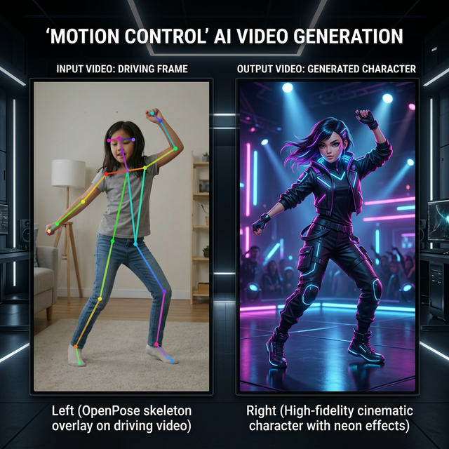 Kling v3 motion control template for an AI dance cover with cinematic lighting and camera pan