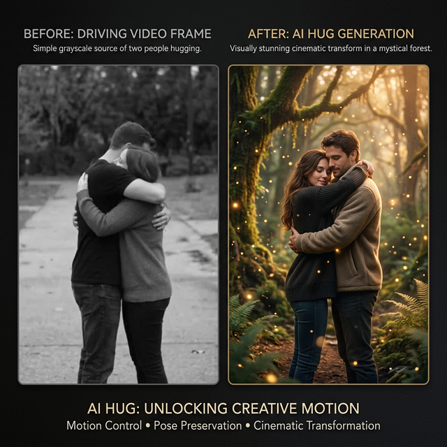 AI Hug motion control video to video template with seamless character consistency and fluid transition